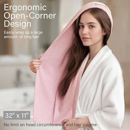 ROLSHOL 2 Pack Microfiber Hair Towel Wrap for Women, 32" x 11" Waffle Weave Hair Plopping Towel for Curly, Long & Thick Hair, Anti-Frizz Hair Turbans for Wet Hair (Pink, Grey) thumbnail 3