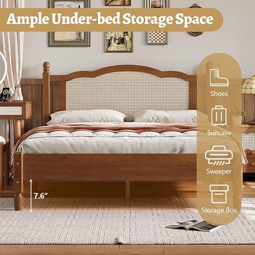 Anwick Queen Size Boho Rattan Bed Frame with Headboard, Noise-Free | Walnut Wooden Platform Bed Wooden Slat Support Silent, Vintage Bedframe , No Box Spring Needed thumbnail 7
