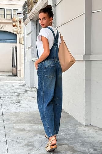 PLNOTME Womens Denim Bib Overalls Barrel Leg Adjustable Strap Jean Pants Jumpsuits with Pockets thumbnail 3