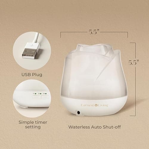 Earnest Living Rose Essential Oil Diffuser 150ml – Mini Ultrasonic Aromatherapy Humidifier for Bedroom & Desk, Quiet Mist, USB Powered, 7-Color Night Light, BPA for Women, Frosted White thumbnail 3
