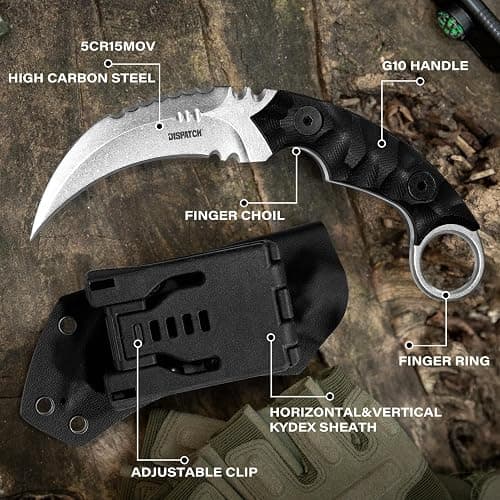 Dispatch Tactical Fixed Blade Knife, 5cr15mov Steel Blade G10 Handle, Full Tang Double Edged Sharp Claw Knife, EDC Utility Knives for Outdoor Survival Hiking Camping with Kydex Sheath thumbnail 6