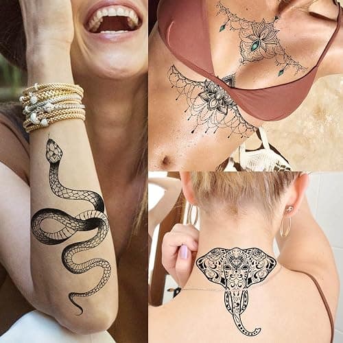 Bilizar 32 Sheets 89+ PCS Black Lotus Temporary Tattoos For Women Hands Adults Underboob, Tribal Indian Elephant Skull Snake Fake Tattoos, Bulk Bohemia Butterfly Tattoo Kit Sets Mandala Flower Moon thumbnail 3