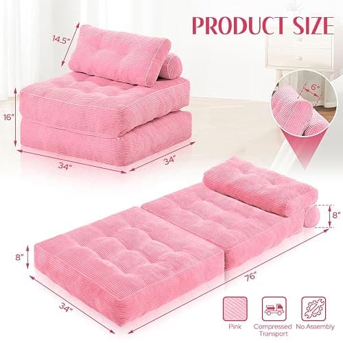 HABUTWAY Folding Sofa Bed, Convertible Sleeper Chair Bed w/Dual-Pillow & Handle, Foldable Floor Sofa Lounge w/Back Support for Living Room, Bedroom, Apartment, Office, Single, Pink thumbnail 2
