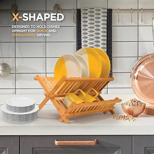 Dish Drying Rack - Bamboo Dish Rack for Kitchen Counter, Collapsible 2-Tier Wooden Drying Rack for Dishes, Plates, Cups, Utensils - Foldable Dish Drainer, Space-Saving Kitchen Drying Rack Organizer thumbnail 2