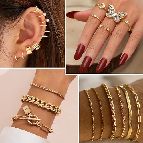 MEDOJO 93 Pcs Golden Jewelry Set for Women Costume Jewelry Pack Golden Plated Necklace Bracelet Stackable Ring Earrings Jewelry Pack for Women thumbnail 4