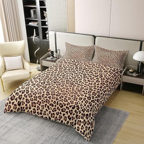 Homemissing Léopard 100% Coton Housse de Couette 220x240cm Enfants guépard Literie Set Safari Animaux Parure de lit Coton Housse de Couette Marron Noir Set literie thumbnail 3