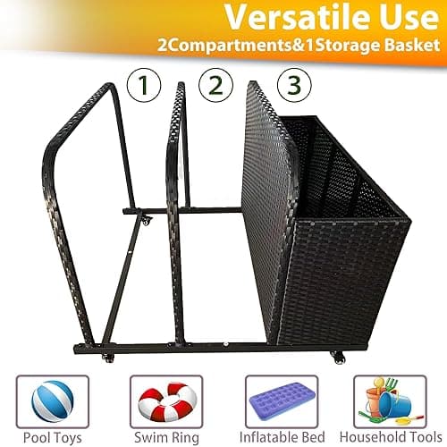 EUNHOO Rolling Poolside Float Storage, Pool Storage Bin, Outdoor Storage Organizer PE Rattan Pool Towel Rack for Floaties, Pool Accessories and Patio furniture Black - Black thumbnail 5