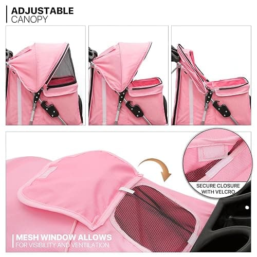 MoNiBloom 3-Wheels Foldable Pet Stroller with Waterproof Cover, Pet Strolling Cart for Small/Medium Dogs and Cats with Storage Basket and Cup Holder, Breathable and Visible Mesh for All-Season, Pink thumbnail 5