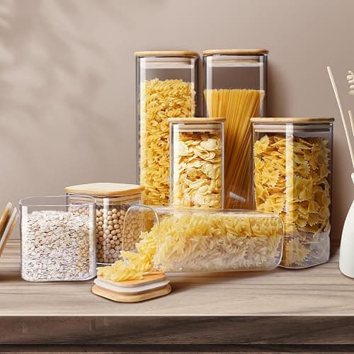 HomArtist Square Glass Jars with Bamboo Lids [Muti Size Set of 5], Glass Canisters with Airtight Lids, Glass Food Storage Containers for Pasta, Cereal, Flour, Sugar, Best for Kitchen & Pantry thumbnail 2