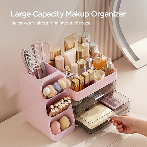 HBlife Makeup Organizer with Brush Holder for Vanity, Large Plastic Bathroom Countertop Organizer Skin Care Storage, Easy to Store Lipsticks, Nail Polishes, Perfumes, Eyeshadow Palettes, Pink thumbnail 4