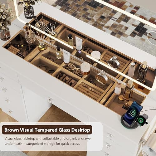 Otterease White Makeup Vanity, 11 Drawers Vanity Mirror with Lights, Makeup Vanity Desk with 3 Lighting Modes Adjustable Brightness, Vanity with Glass Top for Bedroom thumbnail 5