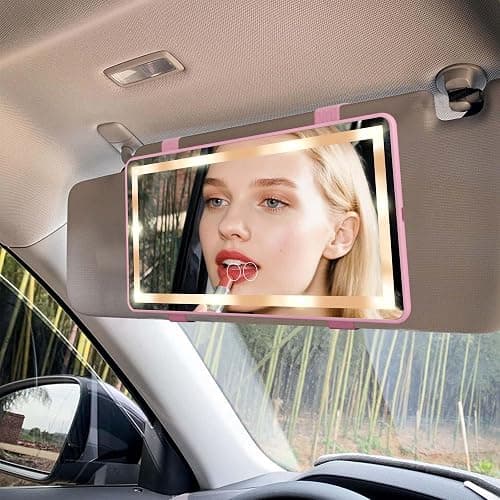 Feisate Car Mirror Visor Vanity with Rechargeable LED Light - 3 Light Modes & Dimmable Touch Screen- Girly Pink Car Accessories for Women Interior- Large Clip on SunVisor Passenger Side Mirror, Pink thumbnail 2