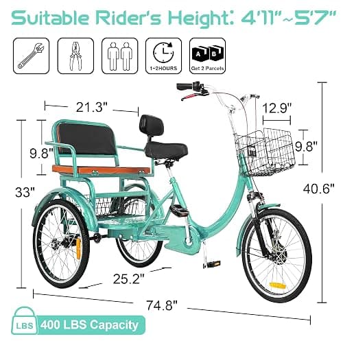 MOOITZ Adult Tricycle, 20 Inch 3-Wheel Bikes, Trike for Adults with Seat, Low Step-Through Cruiser Bike with Front and Rear Baskets, Adult Tricycles for Women, Seniors, Men thumbnail 2