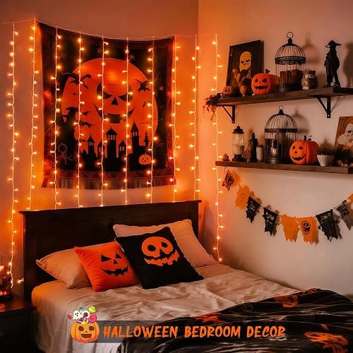 JMEXSUSS 300LED Orange Halloween Lights with Remote, 9.8x9.8ft Halloween Curtain Light, 8 Modes Orange Hanging String Lights Plug in for Fall Bedroom Thanksgiving Window Party Indoor Outdoor Decor thumbnail 3