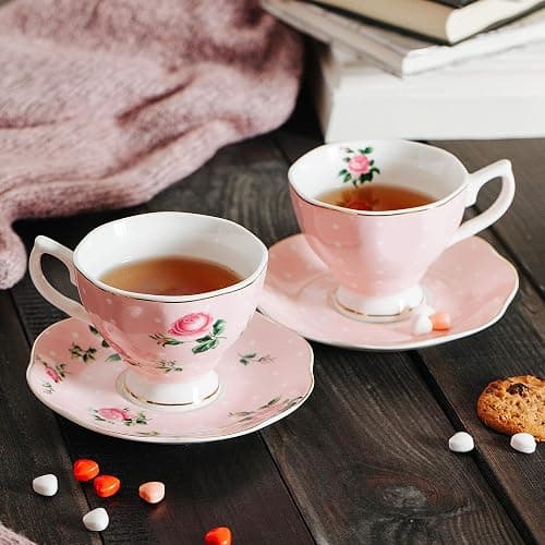 BTaT- Floral Tea Cups and Saucers Set of 8 (8 oz), Porcelain Tea Cup Sets, Assorted Colors with Gold Trim & Gift Box, Dishwasher Safe thumbnail 2
