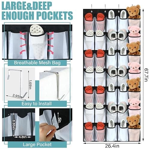 Windyun 2 Pcs 70 Large over The Door Shoe Organizer Hanging Shoe Rack for Closet Holder Black Mesh Pockets Back to School Behind Door Hanger Storage Nonslip for Home Room School Dorm, Each 35 Pockets thumbnail 3