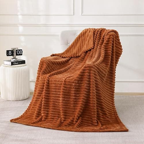 Burnt Orange Fleece Throw Blanket 50”×60” for Couch Sofa Livingroom | Linecooo Super Soft Cozy Plush Microfiber Flannel Bed Blanket Striped Design Lightweight Home Decor Gifts for Adult Mom Women - Image 1