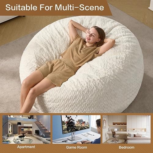 Hobestluk Bean Bag Chair Large Washable Soft Living Room Adult 5Ft White | No Assembly Required Memory Foam Filling Machine Washable Cover Bedroom Dorm Reading Gaming Fluffy Plush Faux Fur Fabric thumbnail 6
