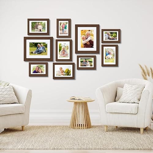 Povrgive Picture Frames Set of 10-8x10, 5x7, 4x6 Photo Frames, Gallery Frame Set for Collage Wall Decor, Wood Frame with Glass Front and Mat Options for Wall and Tabletop Display, Brown thumbnail 7