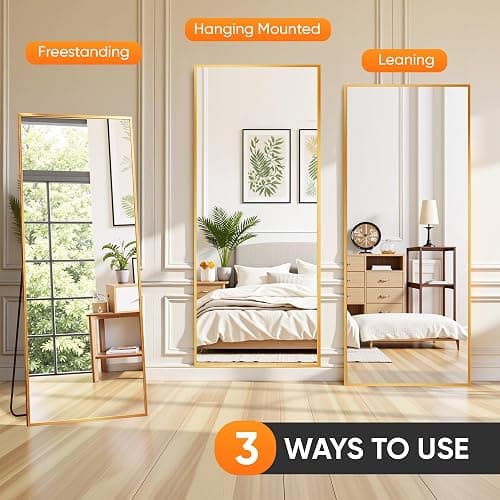 Suidia Full Length Mirror, 58"x18" Floor Standing Mirror Freestanding, Full Body Mirrors with Stand for Bedroom, Hanging Mounted for Living Room Cloakroom, Gold, Rectangular Style thumbnail 7