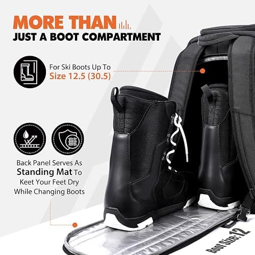 Hikenture Ski Boot Bag Backpack, 50L Padded Ski Bag & Snowboard Boot Bag with Drain Holes, Large Capacity Water-Resistant Ski Travel Bag for Ski Boots, Helmet, Goggles, Clothes, Gloves, Snowboard Gear - Black thumbnail 3