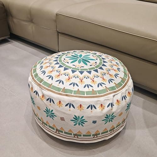 MOCOFO Round Bohemian Ottoman Pouf Cover, 18 Inch, Cotton Blend, Church Window Print, Living Room Storage Footrest, Cover Only (Green Diamond) thumbnail 7