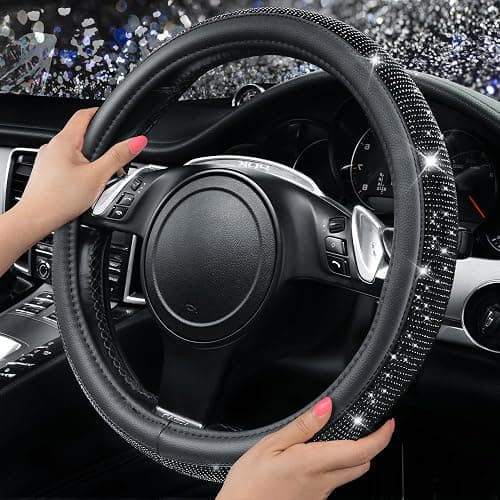 CAR PASS Bling Diamond Leather Steering Wheel Cover, With Sparkly Crystal Glitter Rhinestones Universal Fit 14"1/2-15" Car Wheel Protector for Women Girl Fit Suvs,Vans,Sedans,Car,Trucks, Black Diamond thumbnail 2