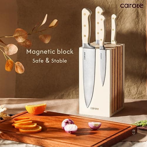CAROTE 11 Pieces Knife Set with Block for kitchen, Stainless Steel Razor-Sharp Blade, Triple Riveted Ergonomic Handle, Wooden Magnetic Block, Essential Knife Block Set, Beige thumbnail 4