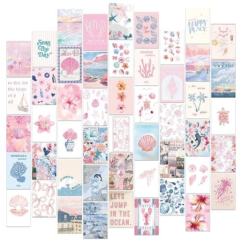 FYSUIMU 50Pcs Coastal Wall Collage Kit Pink Blue Coastal Beach Seashell Art Print Preppy Room Decor Aesthetic Pictures for Bedroom Wall Dorm Home Decor, 4 x 6 Inch - Image 1