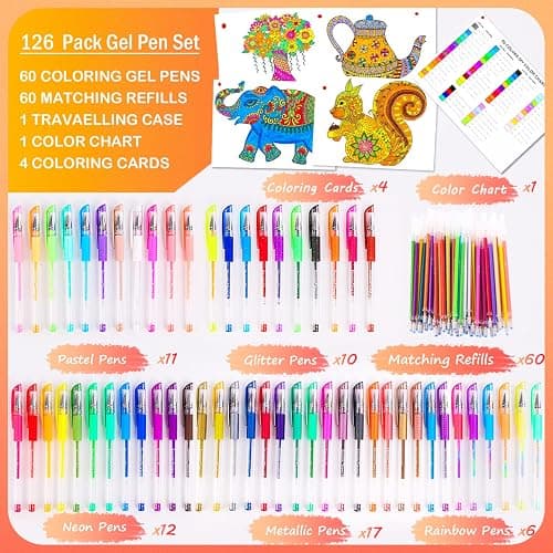 Soucolor Gel Pens for Adult Coloring Books, Deluxe 120 Pack-60 Colored Gel Pens, 60 Refills and Travel Case, with 40% More Ink Gel Art Markers Set for Drawing Journaling Scrapbooking Art Kit Supplies thumbnail 5