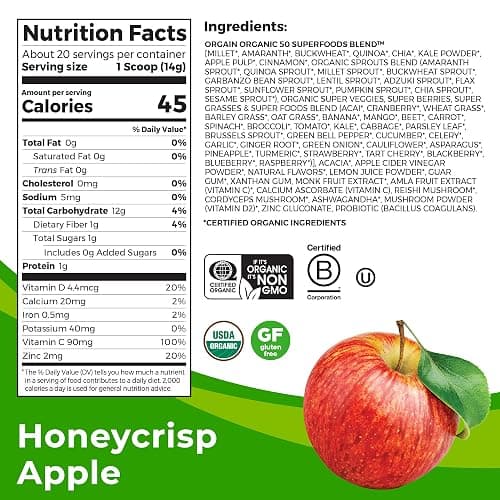 Orgain Organic Greens + 50 Superfoods Immunity Up! Powder, Honeycrisp Apple - Immune Support, Probiotics, Vitamin C, D & Zinc, Apple Cider Vinegar, Ashwagandha, Cordyceps & Reishi Mushrooms - 0.62lb thumbnail 2