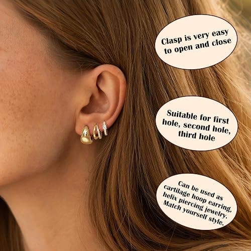 LOYALLOOK 3Pairs Gold Hoop Earrings Set for Women Trendy Huggie Hoop Earrings Stacks for Multiple Piercing 14K Gold Plated Chunky Hoop Earrings Set Hypoallergenic Cartilage Earring Lightweight thumbnail 5