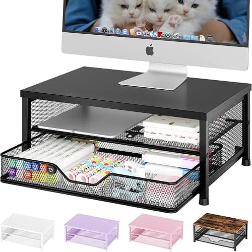 OPNICE Computer Monitor Stand Riser, Desk Organizer with Drawer, Laptop Stand, Office Desk Accessories & Workspace Desktop Organizers Storage for Office Supplies(Black) - Image 1