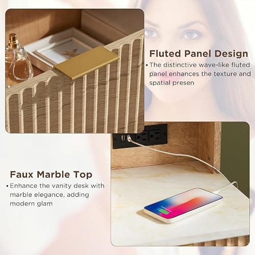 T4TREAM 48" Fluted Makeup Vanity Desk with 36" Lighted Mirror, Oak | Smart LED Mirror, Visible Glass Top, 5 Drawers & Adjustable Shelves, Charging Station, Bedroom Makeup Storage thumbnail 6