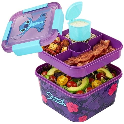 Disney Stitch Salad Container Bento Box for Kids, 70 Oz Portable Lunch Box, Leak Proof, BPA Free Multi Compartment Salad Bowl with Dressing Pot, Food Storage, Gifts For Girls (Multi Stitch) - Image 1