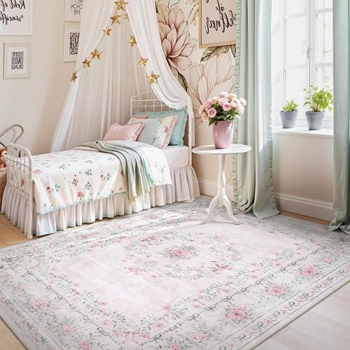 Wonnitar Floral Bow Pink Rug for Bedroom, Washable 5x7 Area Rug for Girls Nursery, Ultra-Thin Non Slip Soft Boho Carpet for Kids Room Dorm Living Room, Light Pink thumbnail 8