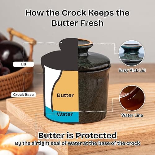 Pottery Butter crock with lid, Keeps Butter Soft & Spreadable, 6.8 oz | Rustic French Butter Crock, Water Line, Keeps Butter Soft & Spreadable thumbnail 12