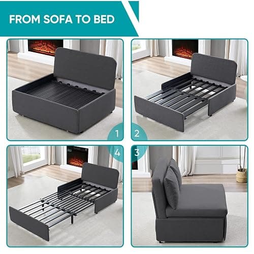 BALUS 43"W Twin Pull Out Sofa Bed Sleeper Couch with Pullout Beds, 2 in 1 Convertible Linen Sleepers Sofa Single Chair with Pillows and 3.9" Foldable Mattress for Small Space Apartment Loft, Dark Grey thumbnail 5