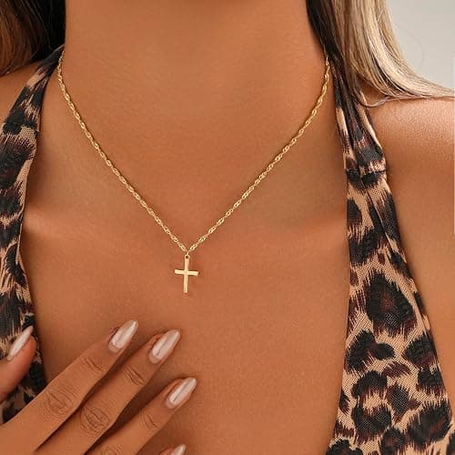 Cross Necklace for Women Girls Trendy，Dainty 14K Gold Silver Plated Minimalist Cross Choker Pendant necklaces Non Tarnish, Cute Simple Faith Jewelry Gifts for Easter, Baptism, Christian, or First Communion thumbnail 5
