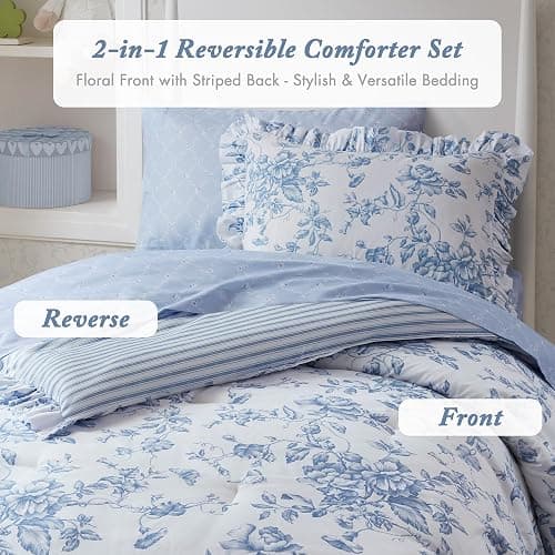Madison Park Essentials Adele Comforter Set Blue Floral Twin XL – Shabby Chic Vintage Bed in a Bag with Sheet Set, Reversible Ruffle Bedding, College Dorm Gift for Her Women Teen thumbnail 3