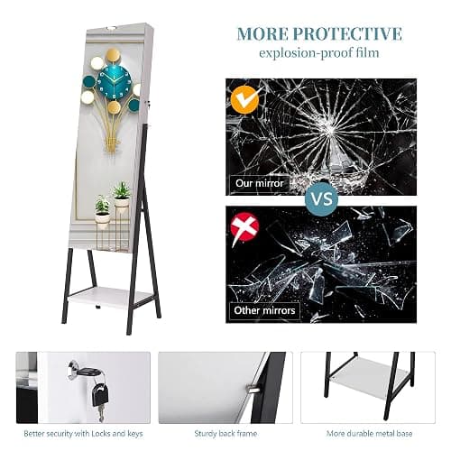 jajov 47.2" LED Jewelry Cabinet Armoire, Standing Full-Length Mirror With Jewelry Storage, Jewelry Organizer Armoire, Lockable Jewelry Mirror Cabinet (Rustic White) thumbnail 7