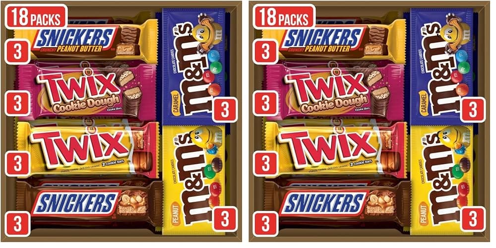 MARS M&M'S Peanut,M&M'S Caramel,SNICKERS Original,SNICKERS Peanut Butter Squared,TWIX Original and Cookie Dough Variety Pack Full Size Individually Wrapped Milk Chocolate Candy Bars,18 Ct,(Pack of 2) - Image 1