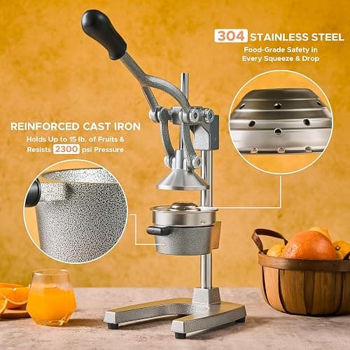 CO-Z Manual Citrus Juicer, Commercial Grade Cast Iron Orange Juicer, Professional Heavy Duty Juice Press with Removable Strainer, Manual Juice Extractor for Orange Lemon Pomegranate Citrus, Gray thumbnail 6