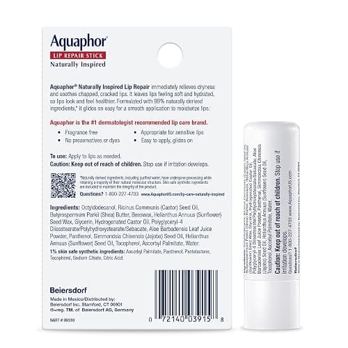Aquaphor Naturally Inspired Lip Repair Stick with Aloe Vera and Natural Shea Butter, Hydrating Lip Balm Immediately Relieves Dryness and Soothes Chapped Lips, 0.17 Oz Stick, Pack of 3 thumbnail 10