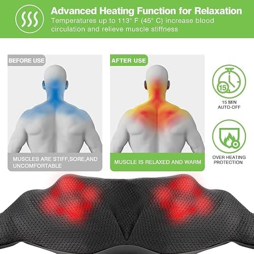 cotsoco Cordless Shiatsu Neck and Shoulder Massager with Heat,Portable Massagers for Neck and Back,3D Deep Tissue Kneading Back Massager for Muscle Pain Relief,Perfect Gifts for Men and Woman - With Battery thumbnail 7