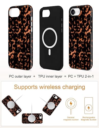 Jusy Magnetic Brown Tortoise Shell Phone Case for iPhone 16,Orange | Compatible with MagSafe,Cute Aesthetic Cheetah Leopard Design,TPU and PC Protective Shockproof Cover thumbnail 4