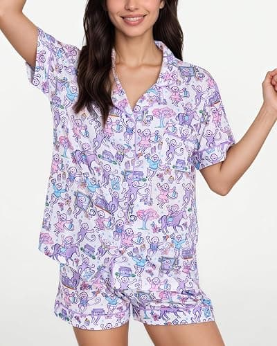 Zuafy Women’s Pajamas Set 2 Piece Pjs Monkey Cute Short Sleeve Notch Collar | Y2k Matching Set, Lightweight Soft, Button Down with Pocket, Sleepover Daily Lounge for Summer Beach Vacation Holiday Gift thumbnail 3