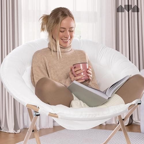 Milliard Cozy Chair/Velour Saucer Accent Chair for Bedroom/X-Large (White/Wood-Tone) thumbnail 5