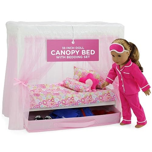Emily Rose 18" Doll Canopy Bed with 5-Piece Bedding Set and Doll Clothes Clothing Storage Drawer - 18-inch Doll Bedroom Furniture & Accessories | USA Business | Ideal Bed for 14"-19" Dolls - Image 1
