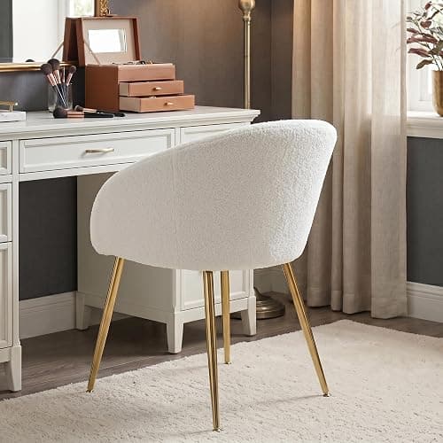 gusohey Modern Vanity Chair, Living Room Chair with Metal Legs,Teddy Fabric Dining Chair, Comfy Accent Chair for Makeup Room, Waiting Room, Dressing Room, Bedroom, Dining Room, Home Office (1, White) thumbnail 9